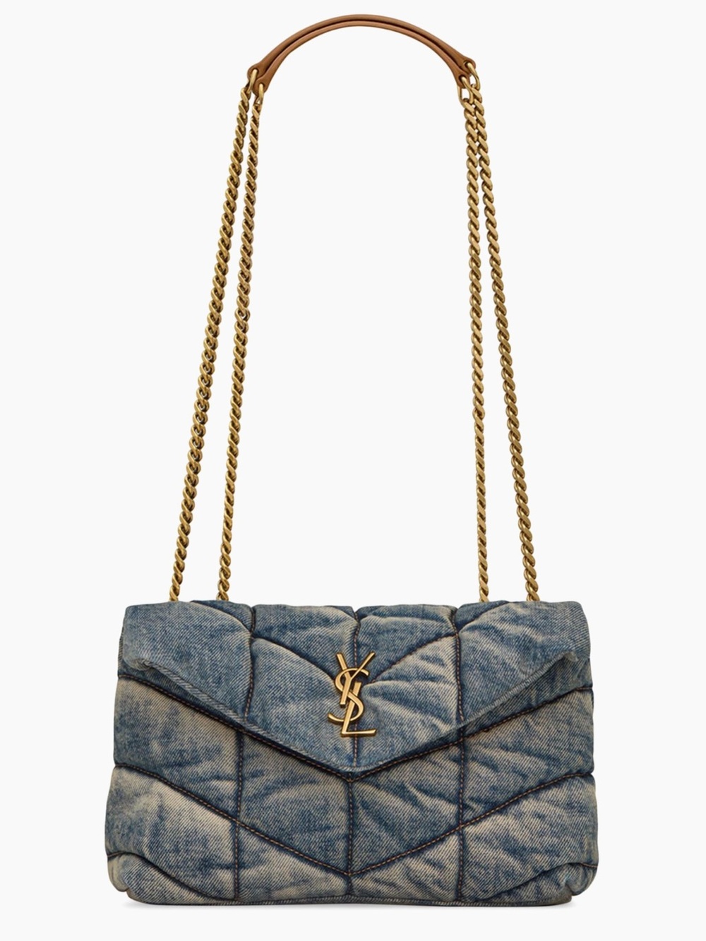 Saint Laurent Quilted Puffer Denim Shoulder Bag with Gold Chain